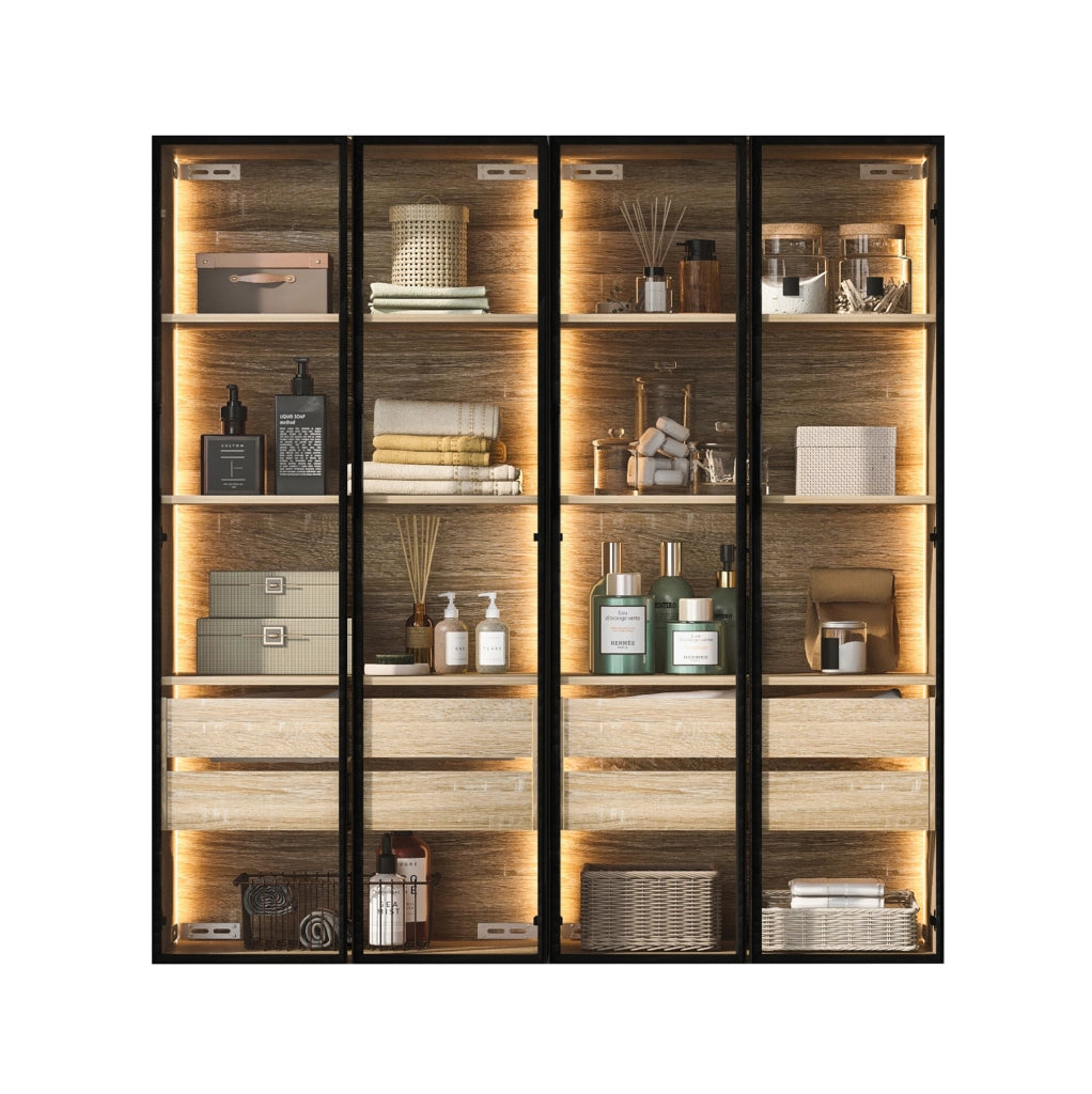 Mobile da bagno a 2 elementi con LED; ante in vetro satinato; MDF; colore naturale