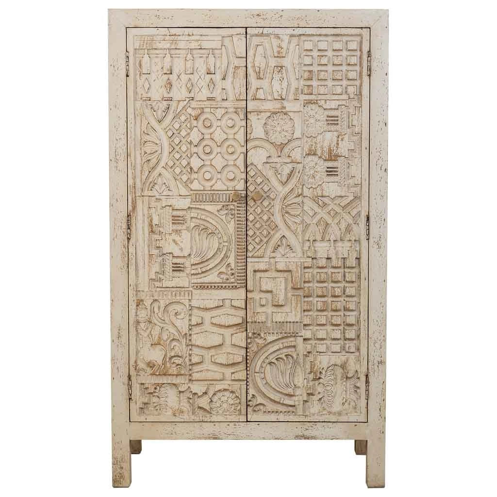 Armadio in legno intagliato artigianalmente a 2 ante beige 78x35x140