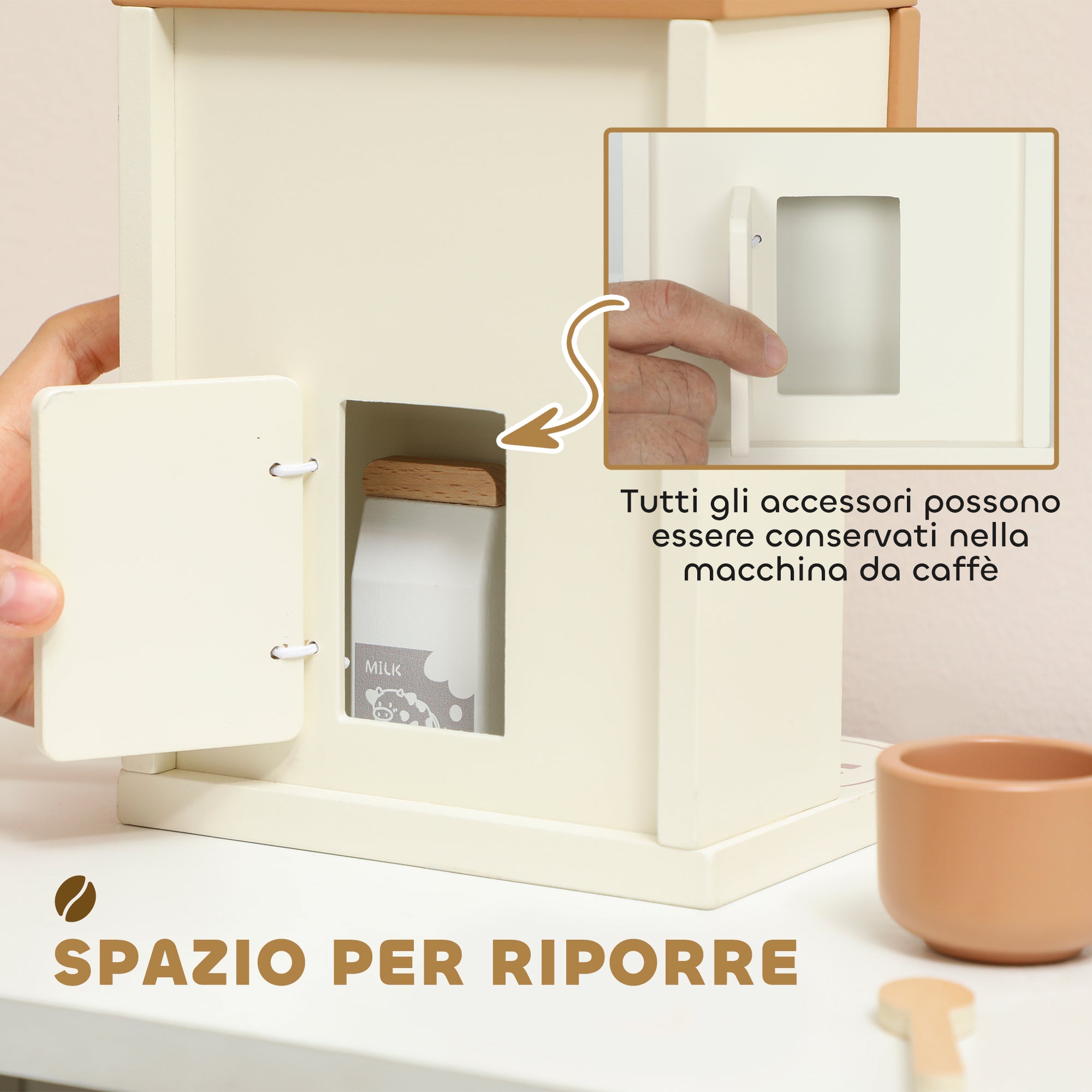 Macchina del Caffè Giocattolo per Bambini con Accessori in Legno Marrone