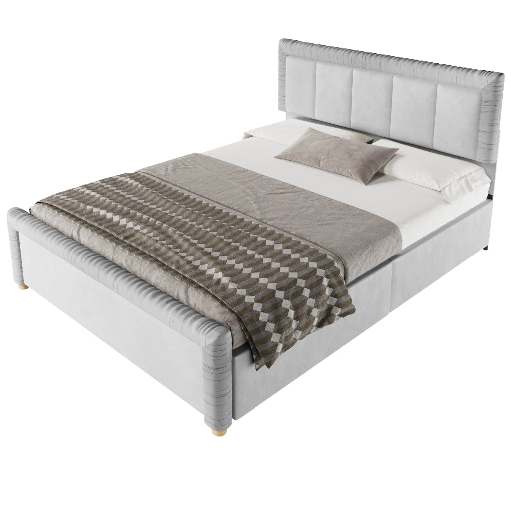Letto imbottito 140x200 cm in velluto grigio con 2 cassetti e testiera imbottita