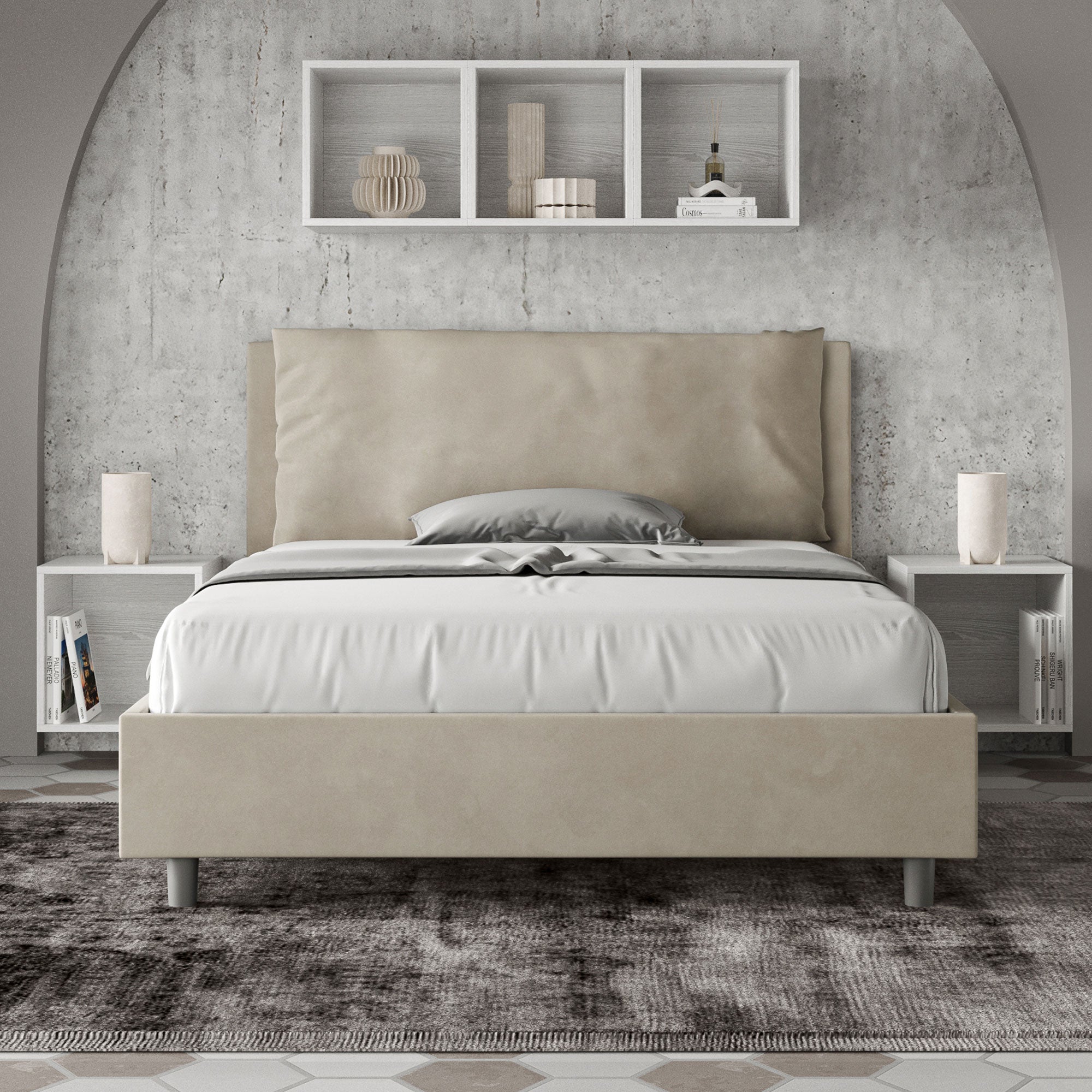 Letto Matrimoniale Francese 140x200 cm con Rete e Contenitore Imbottito in Microfibra Antea Large Sabbia