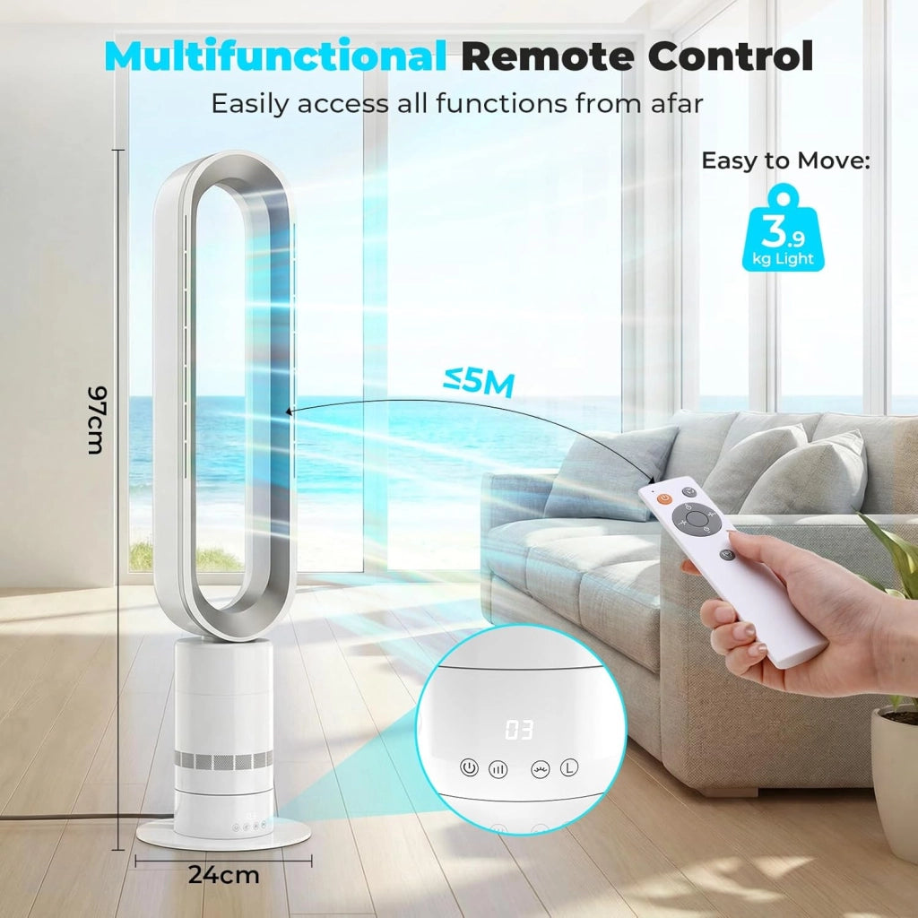 Ventilatore a torre senza lama, 10 velocità, oscillante a 71°, timer 9H, con telecomando, sicurezza per bambini, silenziatore, con display a LED, per camera da letto, ufficio