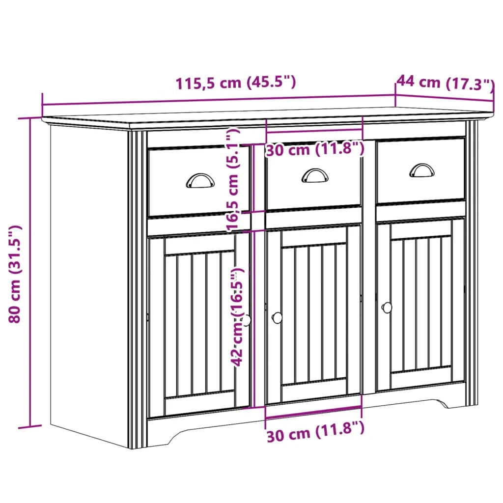 BODO 115,5 x 44 x 80 cm Mobiletto in legno massello di pino grigio cassettiera mobile contenitore organizer per cucina soggiorno salotto