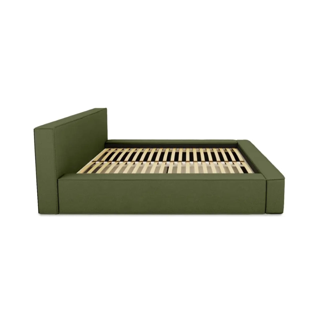 Letto contenitore VELORA – Olive bouclé – 160x200 cm – Tessuto velluto morbido – Rete sollevabile – Contenitore integrato