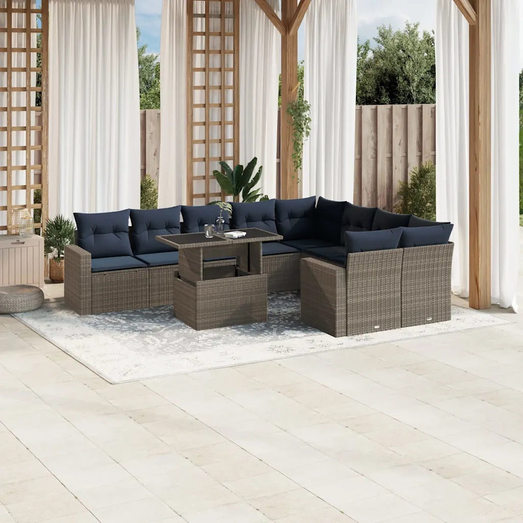Set Divani da Giardino 10 pz con Cuscini Grigio in Polyrattan 3267501