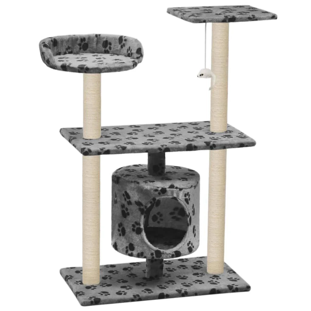 Tiragraffi albero per gatti cuccia per gatti peluche in sisal 95 cm grigio con motivo a impronta di zampa 3702235