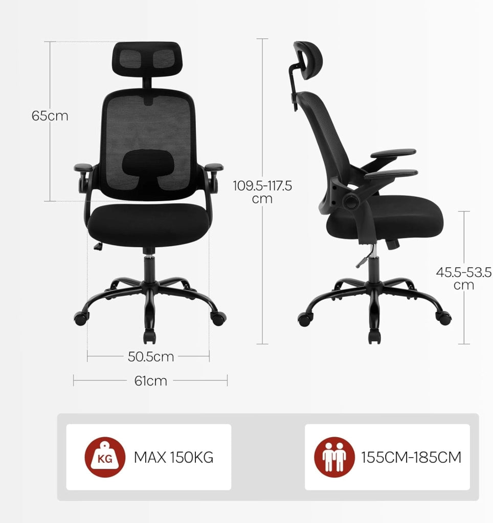 Sedia Ufficio Ergonomica con Poggiatesta e Braccioli Regolabili, Supporto Lombare, Poltrona Scrivania Girevole in Rete Traspirante Funzione Dondolo, Nero