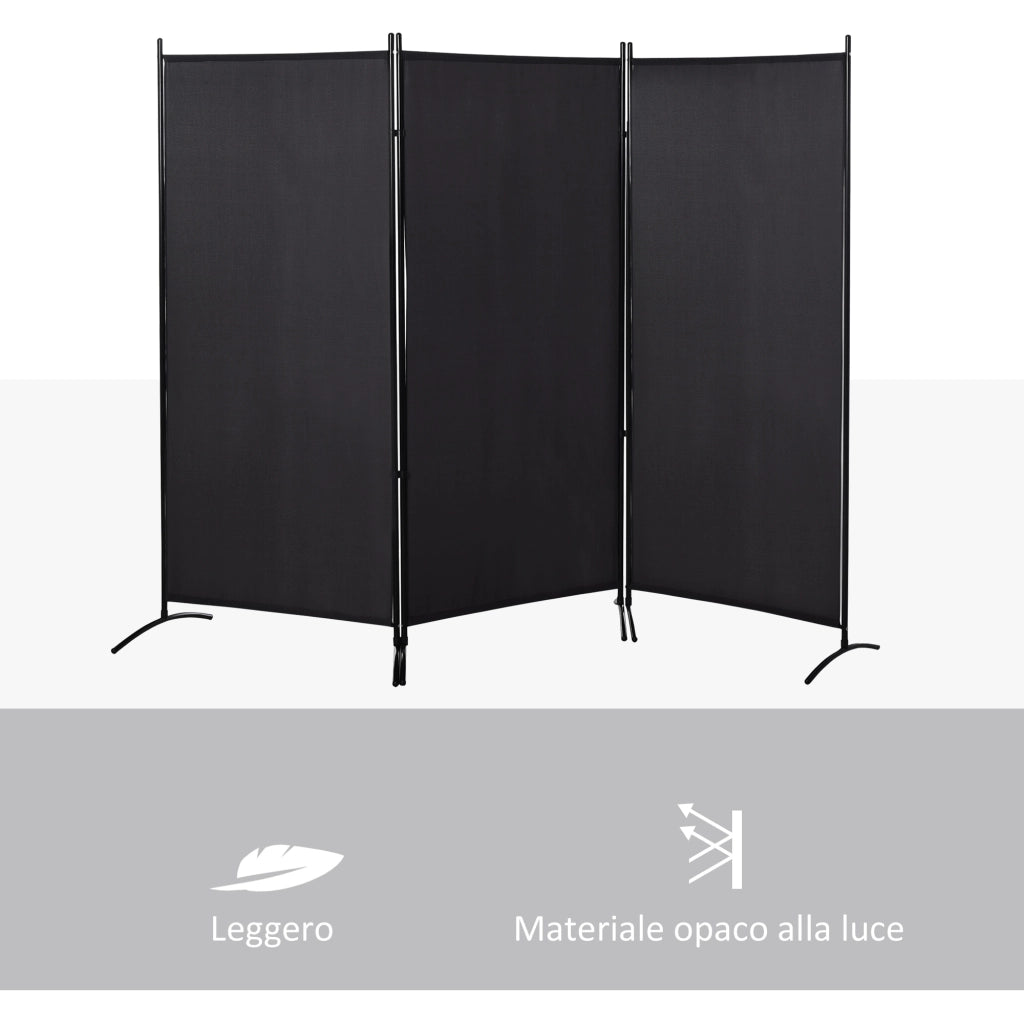 Paravento Separé da Interno 253x50x182 cm a 3 Pannelli Pieghevole in Metallo e Poliestere Nero