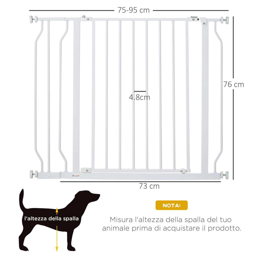 Cancelletto di Sicurezza per Animali Domestici Regolabile 75-95 cm in Acciaio e ABS Bianco