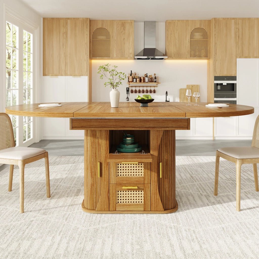 Tavolo da pranzo allungabile con cassetti in effetto rattan e spazio contenitore, per cucina e sala da pranzo, in MDF, rovere