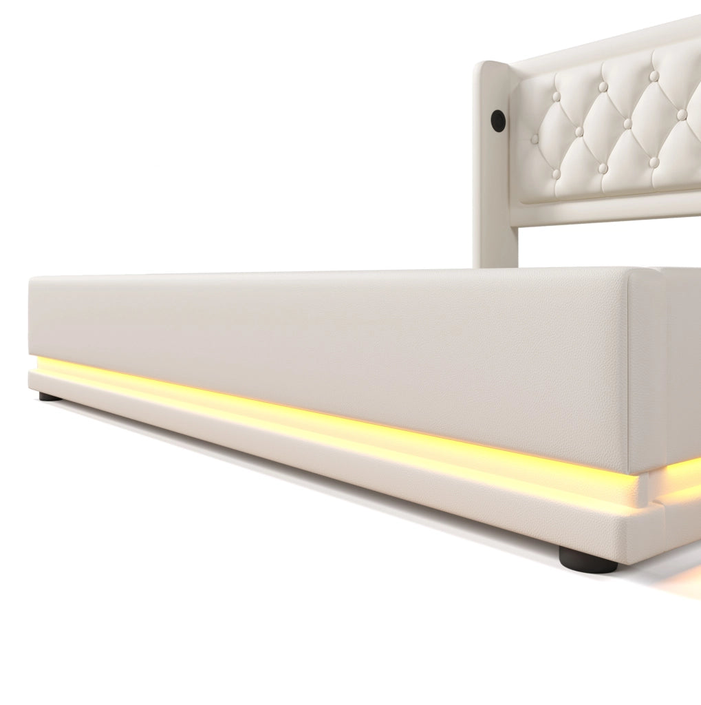 Letto matrimoniale 140x200 cm in PU bianco con contenitore; LED 3 lati e USB Type-C