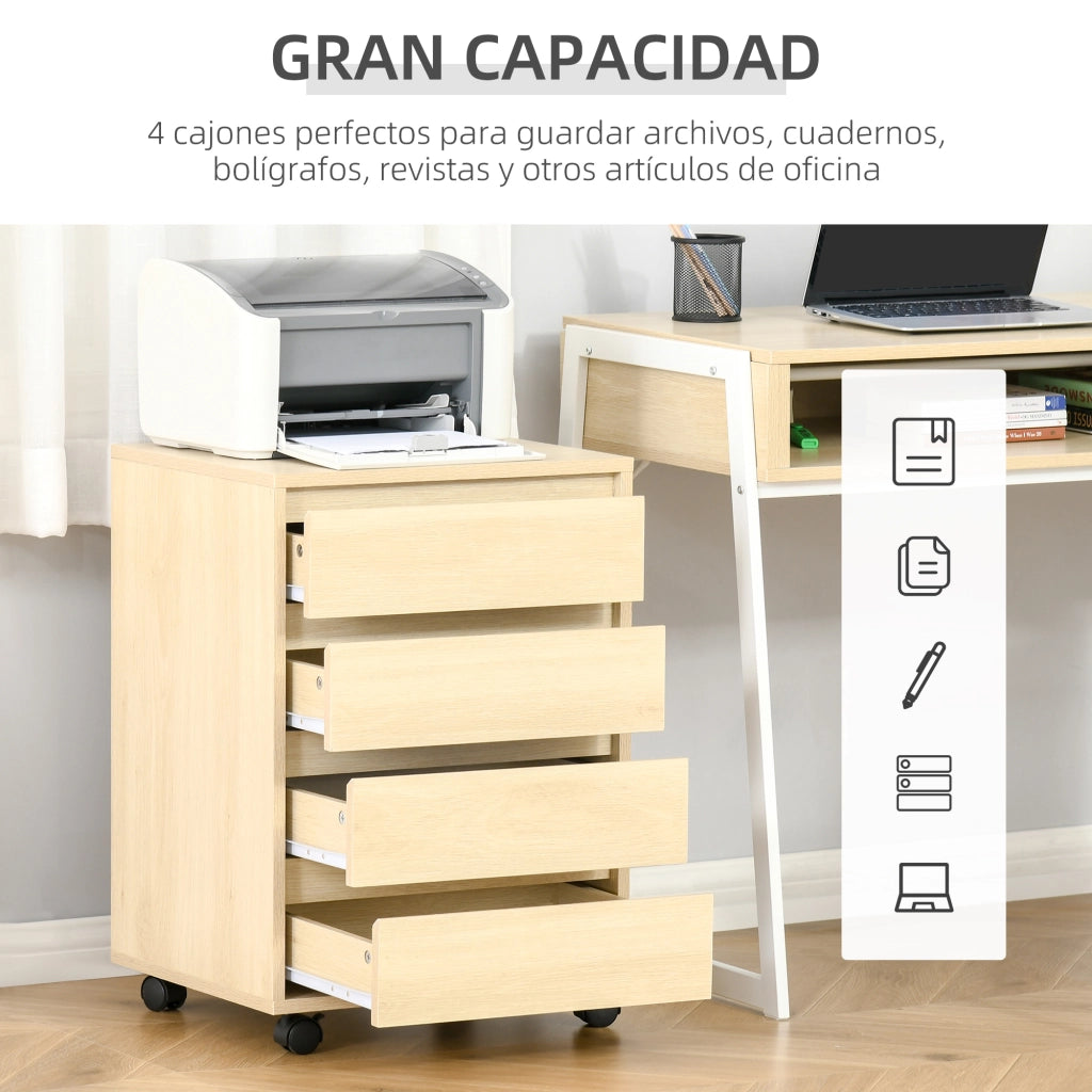Cassettiera per Ufficio con 4 Cassetti e Ruote ¨C Zephmum ¨C Legno Naturale 46x40x65 cm