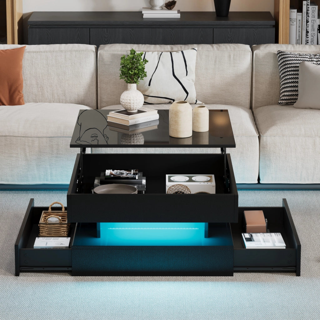 Tavolino da caffè alzabile con 2 Cassetti; Vano Nascosto e LED per Soggiorno; in Truciolare; 65 × 65 × 38.5 cm; Nero
