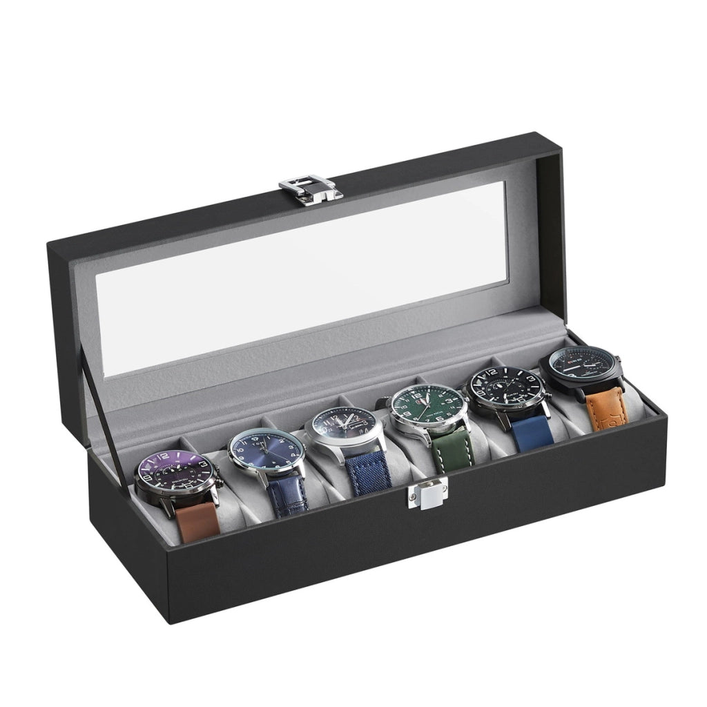 Scatola porta orologi a 6 posti in ecopelle nera