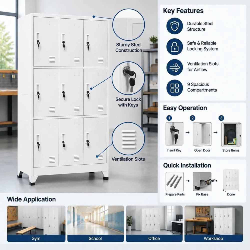 Locker Cabinet With 9 Compartments, Steel, 90x45x180 Cm, Grey