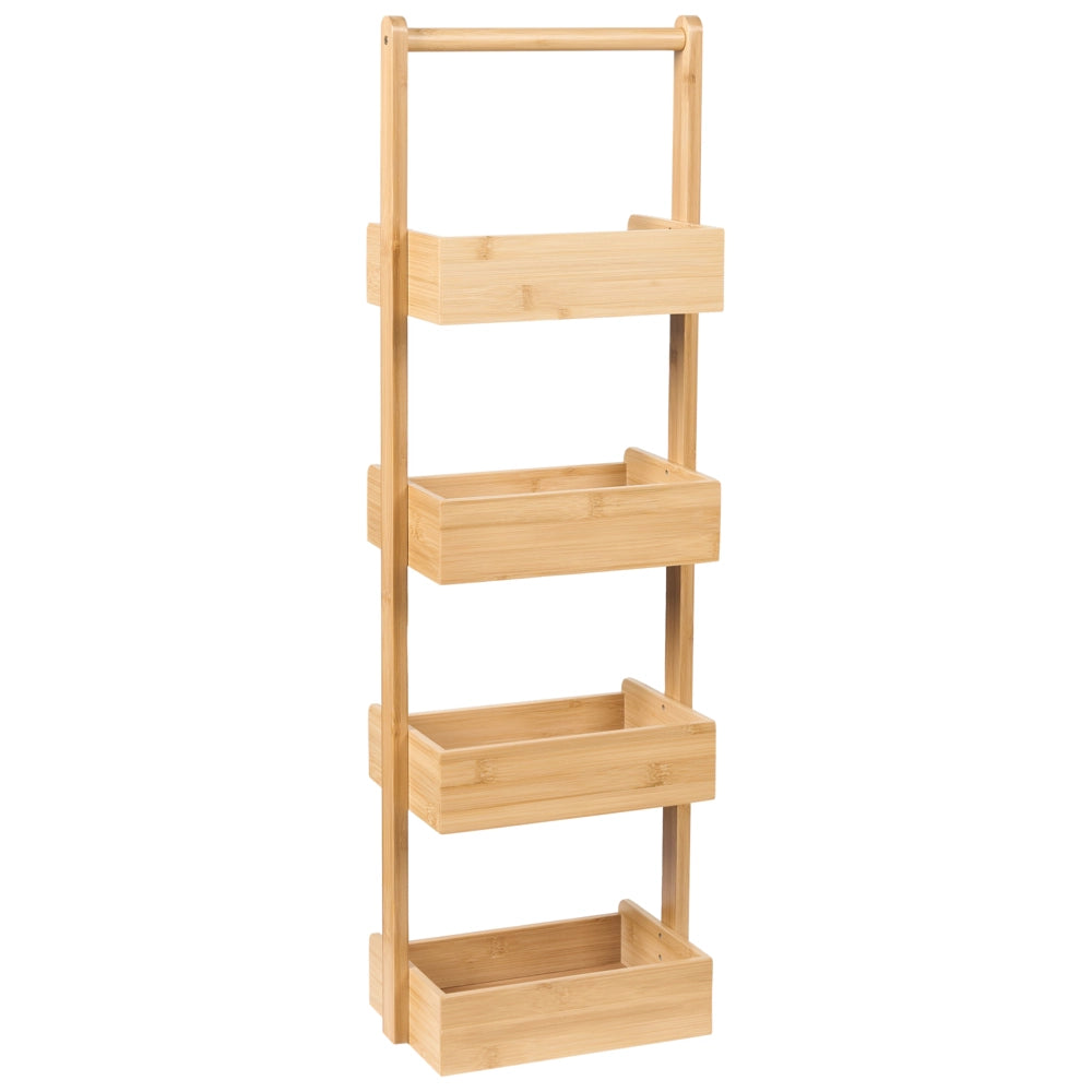 Scaffale da bagno in legno di bambù marrone chiaro a 4 livelli con cestello di design