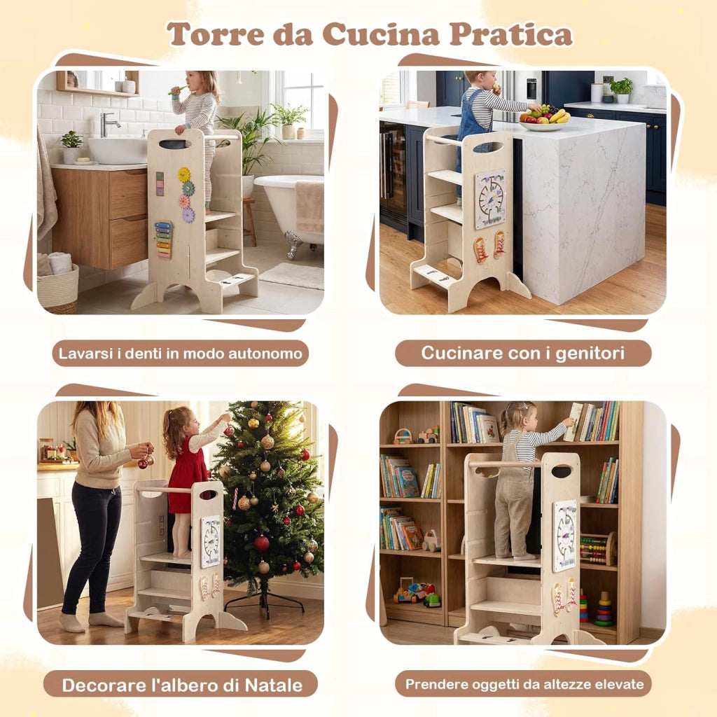 Torre Montessoriana in Legno Bambini, Torre di Apprendimento 3 Altezze Regolabili con Giochi Educativi e Lavagna, Corrimano Sicurezza e Piedini Antiribaltamento, per Cucina e Bagno