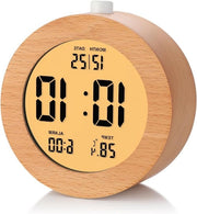 Wekker Digitale con Funzione di Sonno e Lampada da Notte, Orologio da Scrivania LCD con Orario, Data e Temperatura (materiale legno, diametro 10,4 cm)