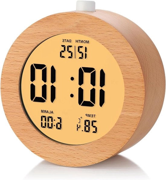 Wekker Digitale con Funzione di Sonno e Lampada da Notte, Orologio da Scrivania LCD con Orario, Data e Temperatura (materiale legno, diametro 10,4 cm)