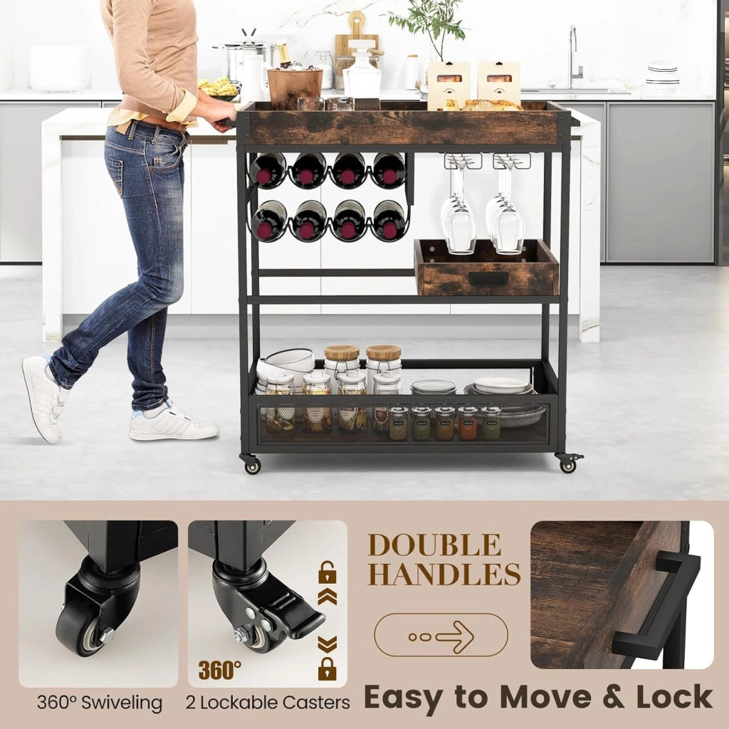 Carrello da cucina industriale a 3 livelli, carrello di servizio con portabottiglie, portabicchieri e vassoio estraibile, carrello ausiliario in legno con ruote, per sala da pranzo, bar, 88