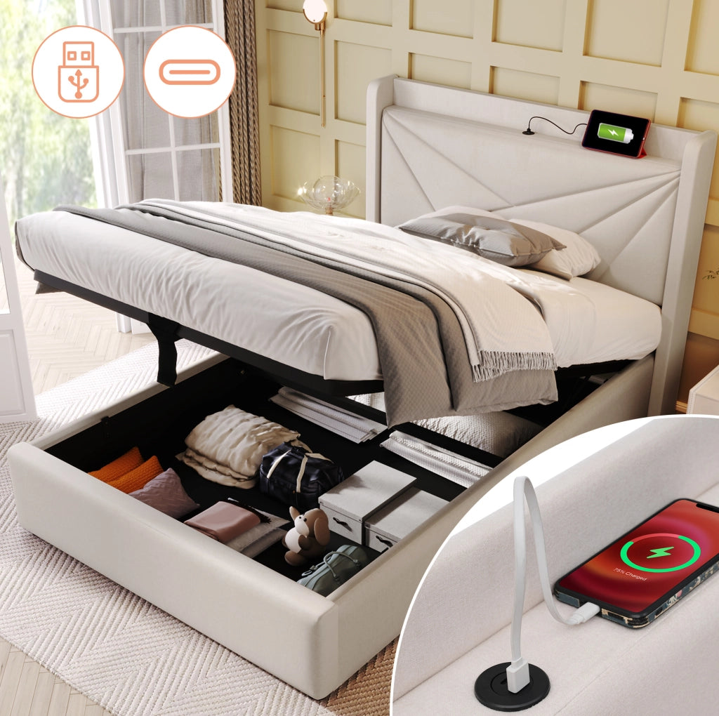 Letto singolo con contenitore 90x200 cm in cotone lino beige; testiera con USB e Tipo C