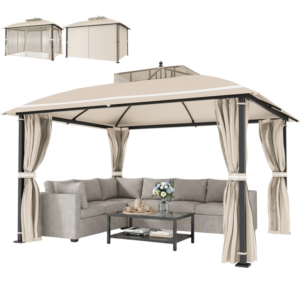 Gazebo da Giardino 3.7x3 m ¨C zephmum ¨C Beige con Zanzariera e Tende