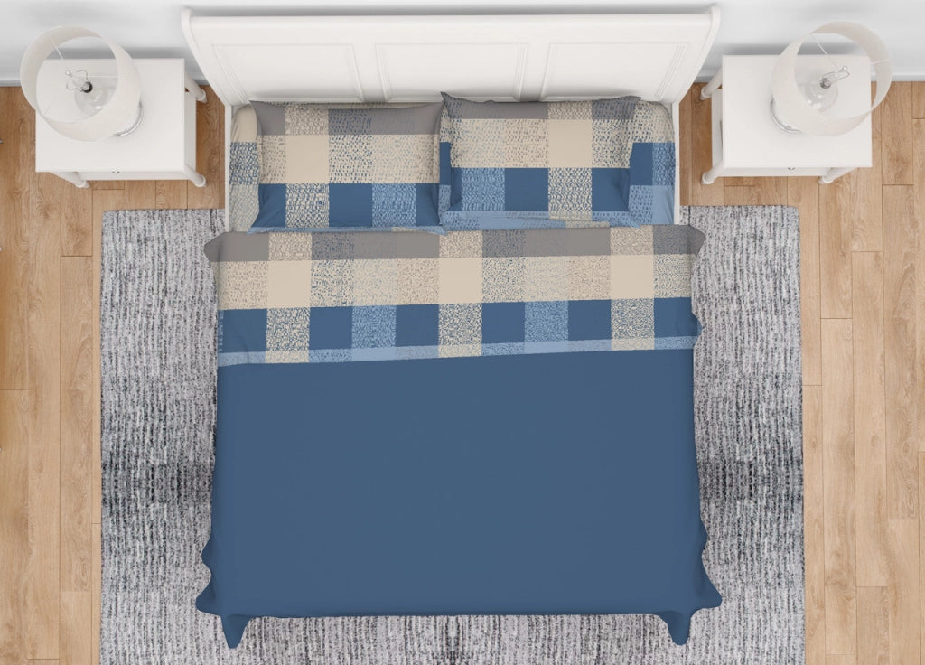 Completo Lenzuola In 100% Cotone Made Italy Disegno Scotland - Matrimoniale - Azzurro