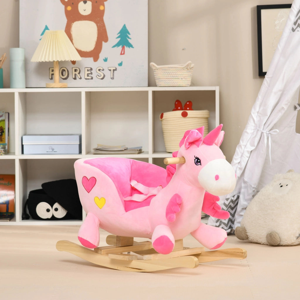 Cavallo a Dondolo Unicorno con Base in Legno e Cintura di Sicurezza ¨C Zephmum ¨C Rosa