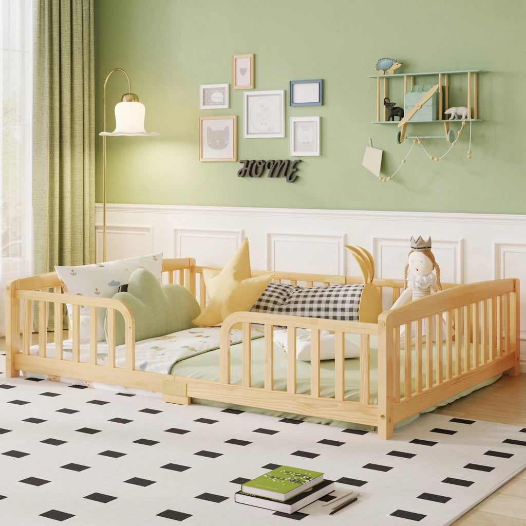 LETTO Basso con Sponde di Sicurezza 140x200 cm in Legno di Pino Naturale
