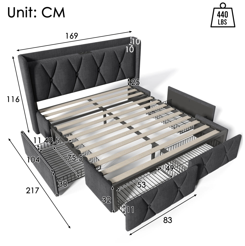 Letto matrimoniale 160x200 cm imbottito grigio in lino con 4 cassetti e porte USB