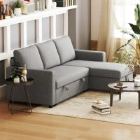 Divano Letto 3 Posti e Penisola con Contenitore, Rivestimento Tessuto Effetto Lino, 211.5x146x85cm