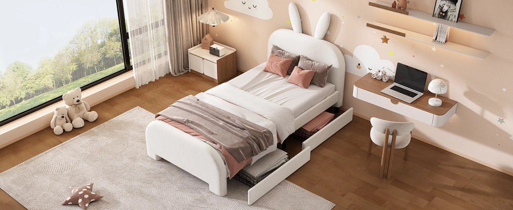 DESMIU Letto per Bambini 1 Posto con 2 Cassetti e Testiera Coniglio 90 × 200 cm, senza materasso, in Peluche e MDF, Bianco