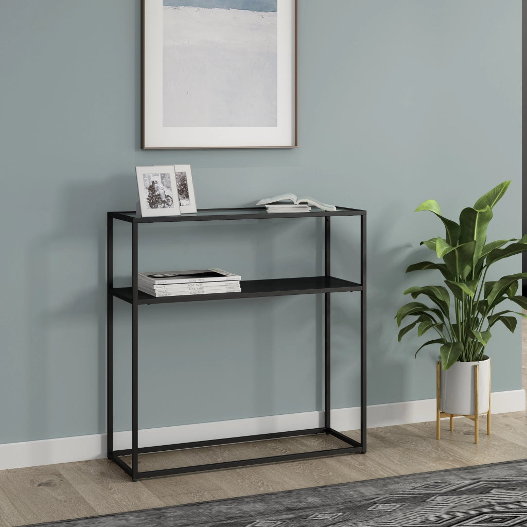 Tavolo a Consolle Kuhmo in Metallo 80 x 80 x 30 cm 2 Piani di Appoggio Vetro / Nero [en.casa]