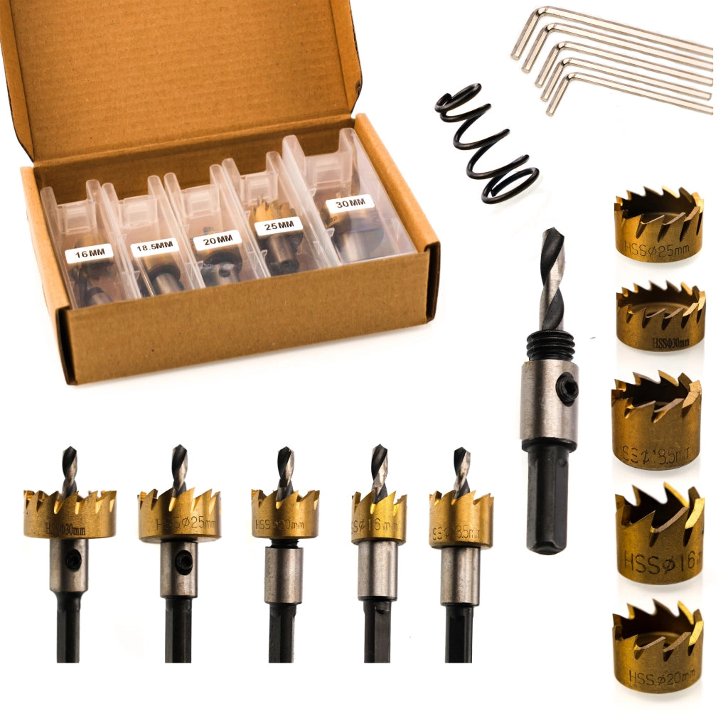 Set di Seghe a Tazza per Metallo, Legno e Acciaio – 5 Pezzi (16-30mm) | HSS Rivestito in Titanio | Precisione e Durata