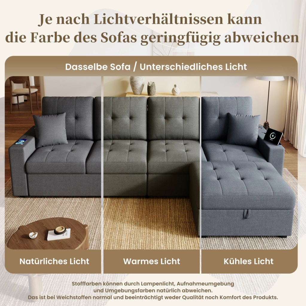 Divano 4 posti con pouf contenitore; USB e Type-C; LED; grigio antico