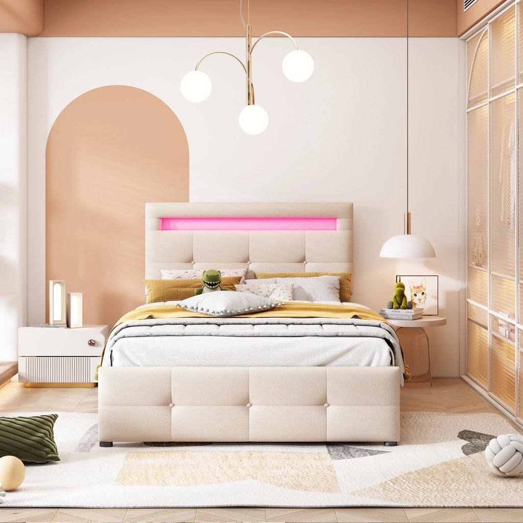 DESMIU Lit simple 90 × 200 cm con 2 cassetti, LED, testiera regolabile, senza materasso, beige
