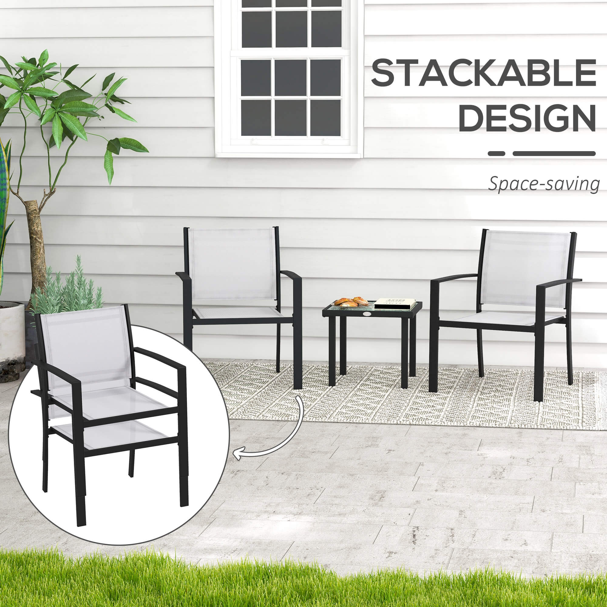 Set Tavolino con Piano in Vetro e 2 Sedie Impilabili da Giardino in Acciaio e Tessuto Grigio Chiaro