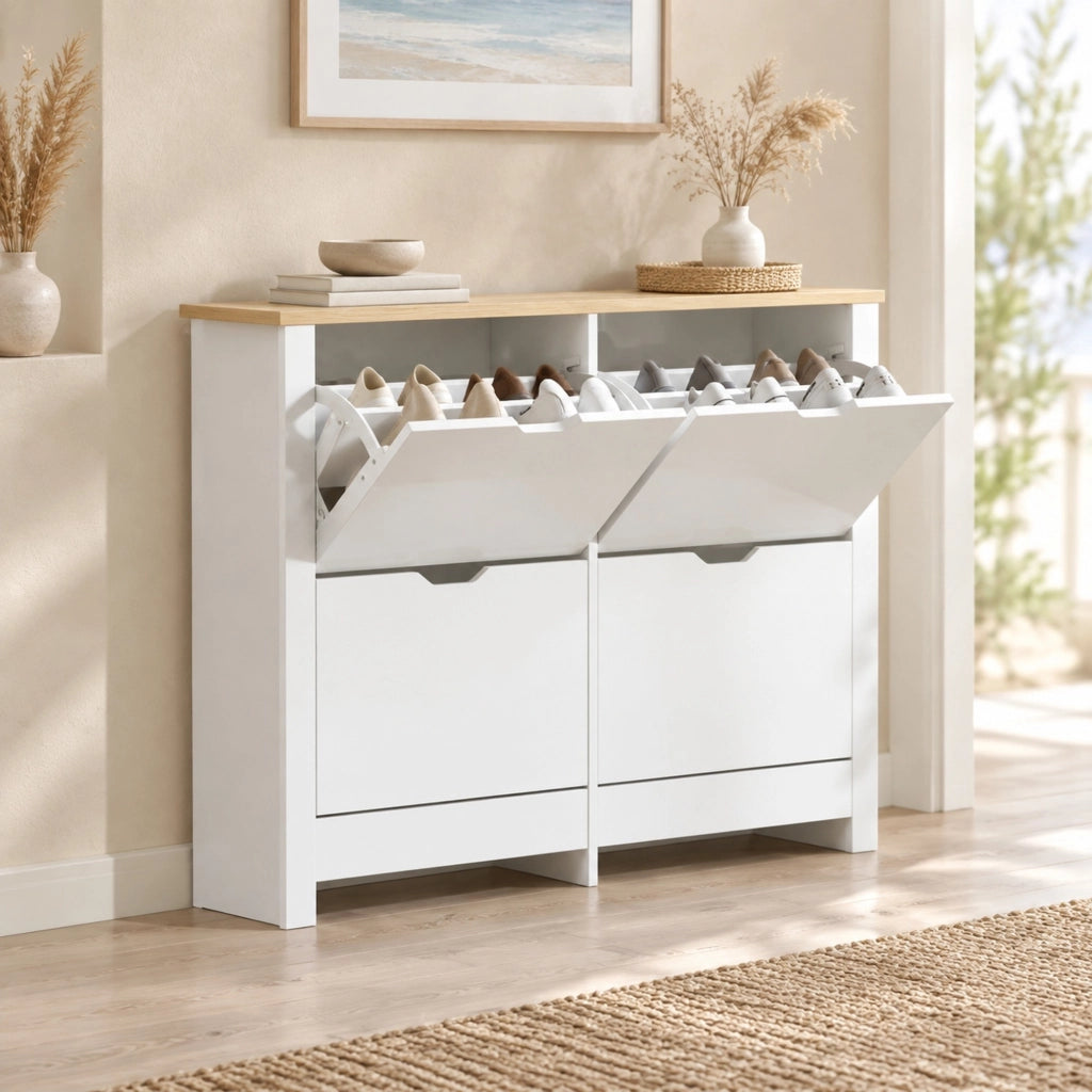 Scarpiera con 4 cassetti estraibili e ripiani; 105 x 26 x 80 cm; bianco