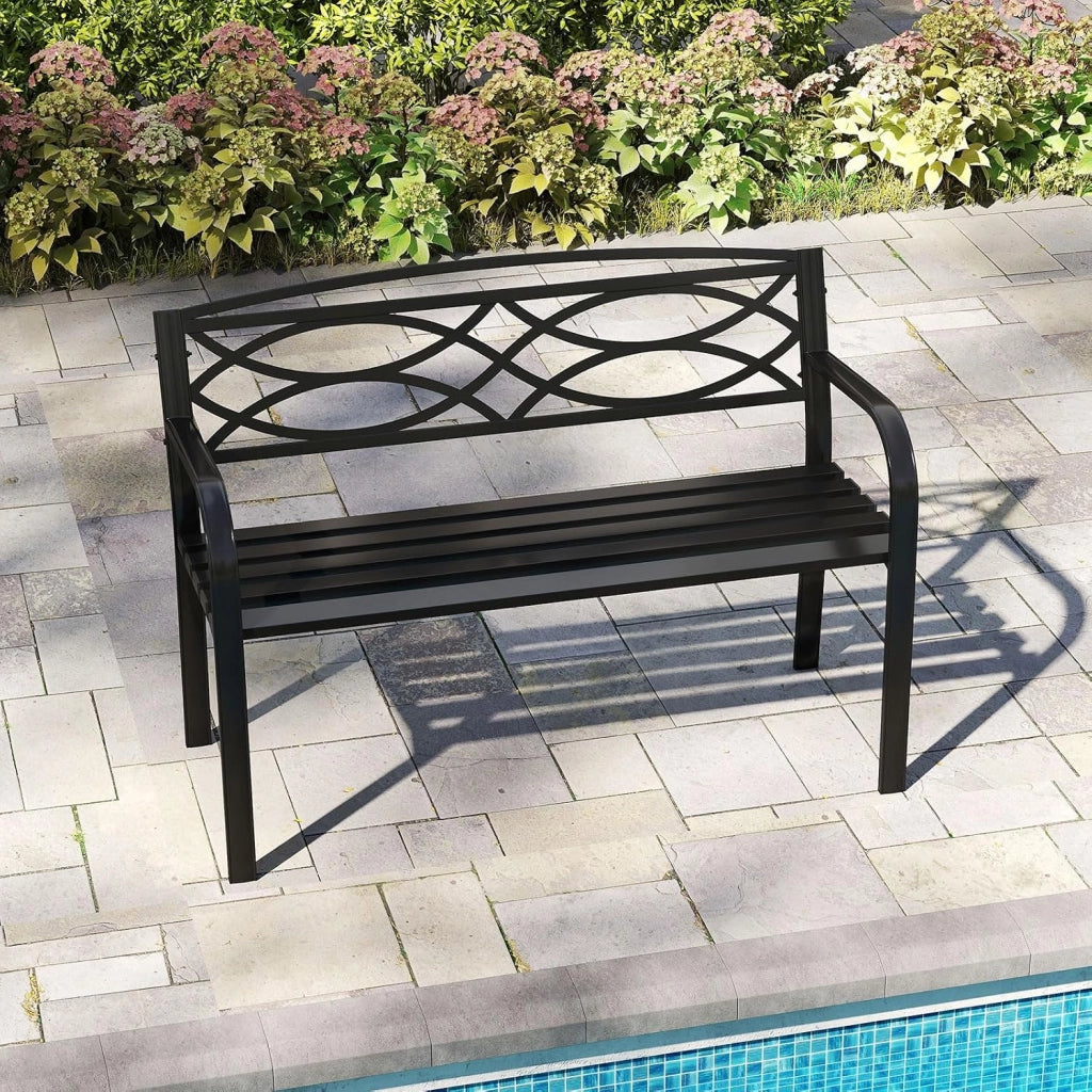 Panca da Esterno in Metallo, Panchina da Giardino 2 Posti con Braccioli, Schienale Ergonomico e Seduta a Doghe, Resistente agli Agenti Atmosferici, Panca da Terrazza, Parco, Cortile, Nero