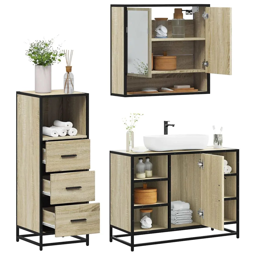Set Mobili da Bagno | Armadio da bagno 3 pz Rovere Sonoma in Legno Multistrato