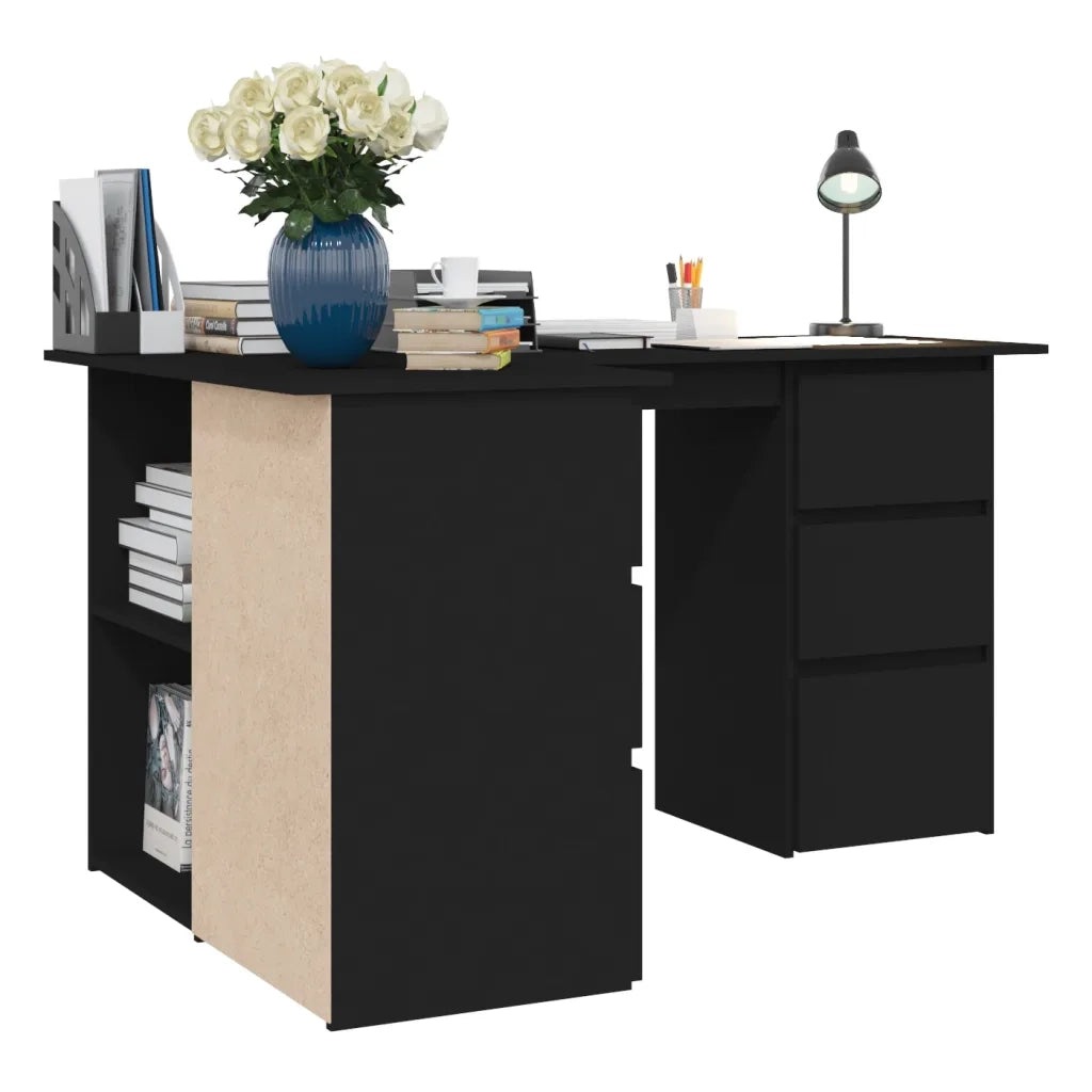 Scrivania | Tavolo da Ufficio ad Angolo Nera 145x100x76 cm in Legno Multistrato
