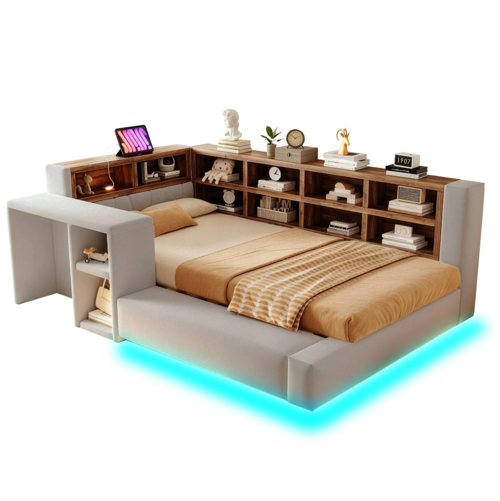 Letto imbottito 90x200 cm con vani portaoggetti; LED; prese integrate e comodino; grigio chiaro