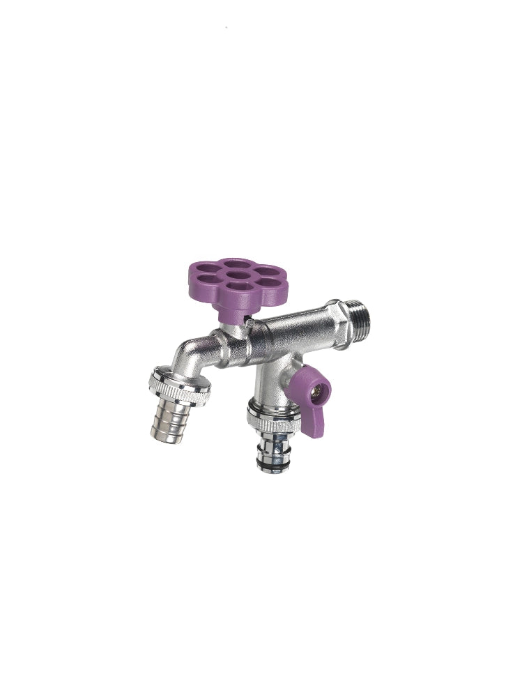 Rubinetto doppio con manopola a fiore Belfer Ø 30 mm Colore: Viola