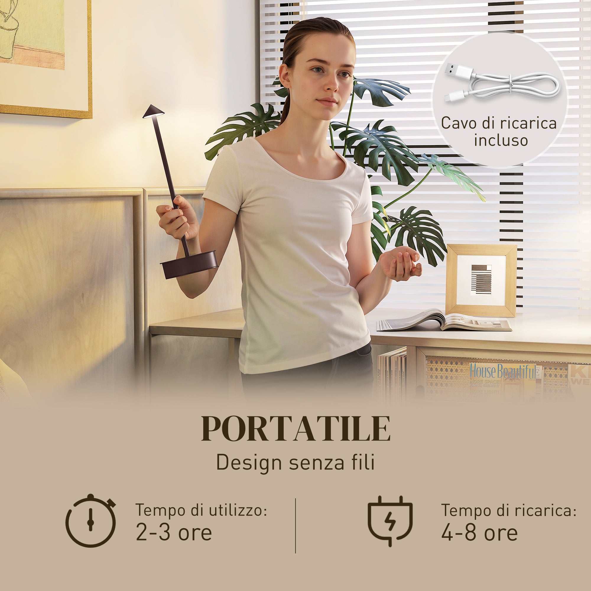 Lampada da Tavolo Touch Luce Led 3 Tonalità Ricaricabile con USB in Acciaio Caffè