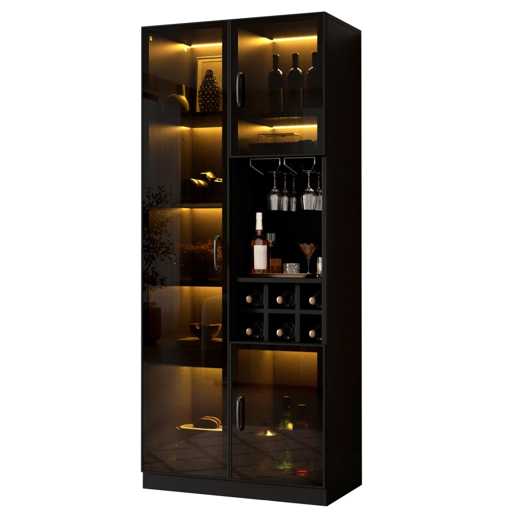 Vetrina con LED App; Portabottiglie e Ripiani - per Soggiorno - 60×36×160 cm - Nero