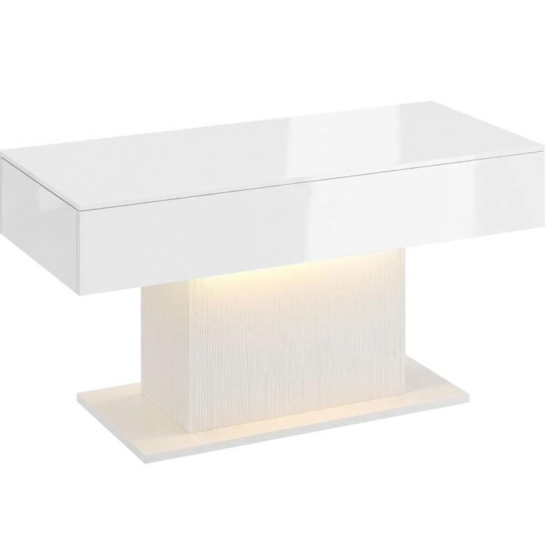 Tavolino da caffè con luci LED RGB; 2 cassetti; finitura lucida; legno ingegnerizzato; bianco