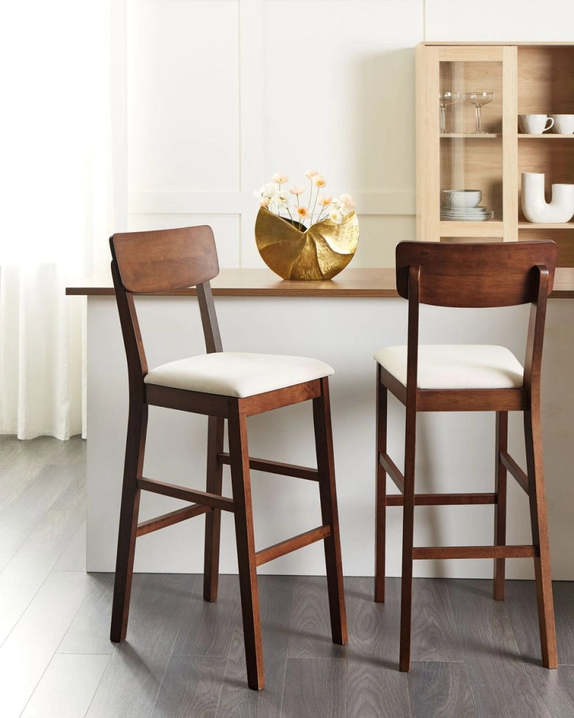 Set di 2 sedie da bar con seduta imbottita in legno scuro beige chiaro chic elegante