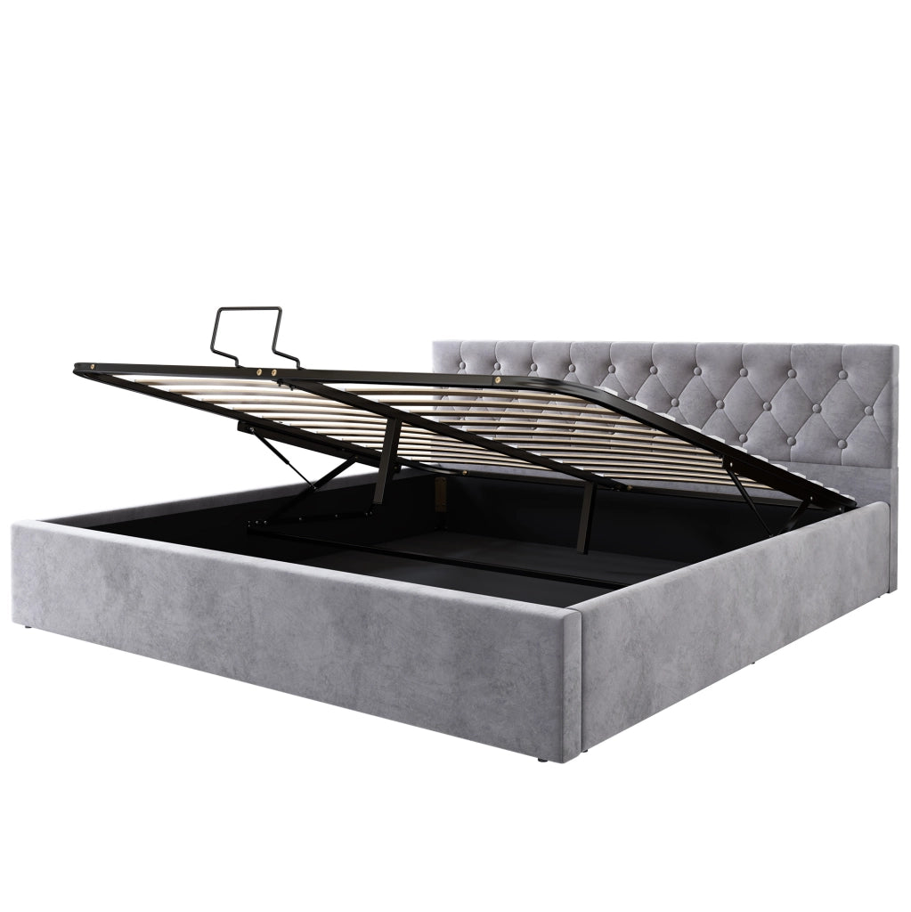 Letto matrimoniale imbottito 180x200 cm in velluto grigio con testiera capitonn茅 e contenitore