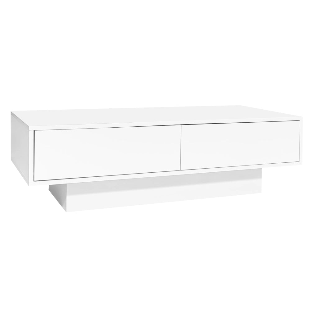 Tavolino da salotto moderno bianco lucido 115 x 55 x 34 cm con 2 cassetti, illuminazione LED e portata 30 kg