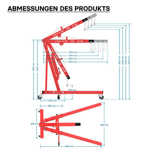gruetta idraulica da officina per sollevamento, gru manuale pieghevole con doppia pompa, carico max 2000kg